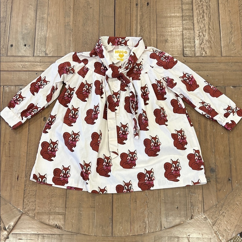 Hugo loves tiki brown squirrel bow dress girls 2T organic tie collar